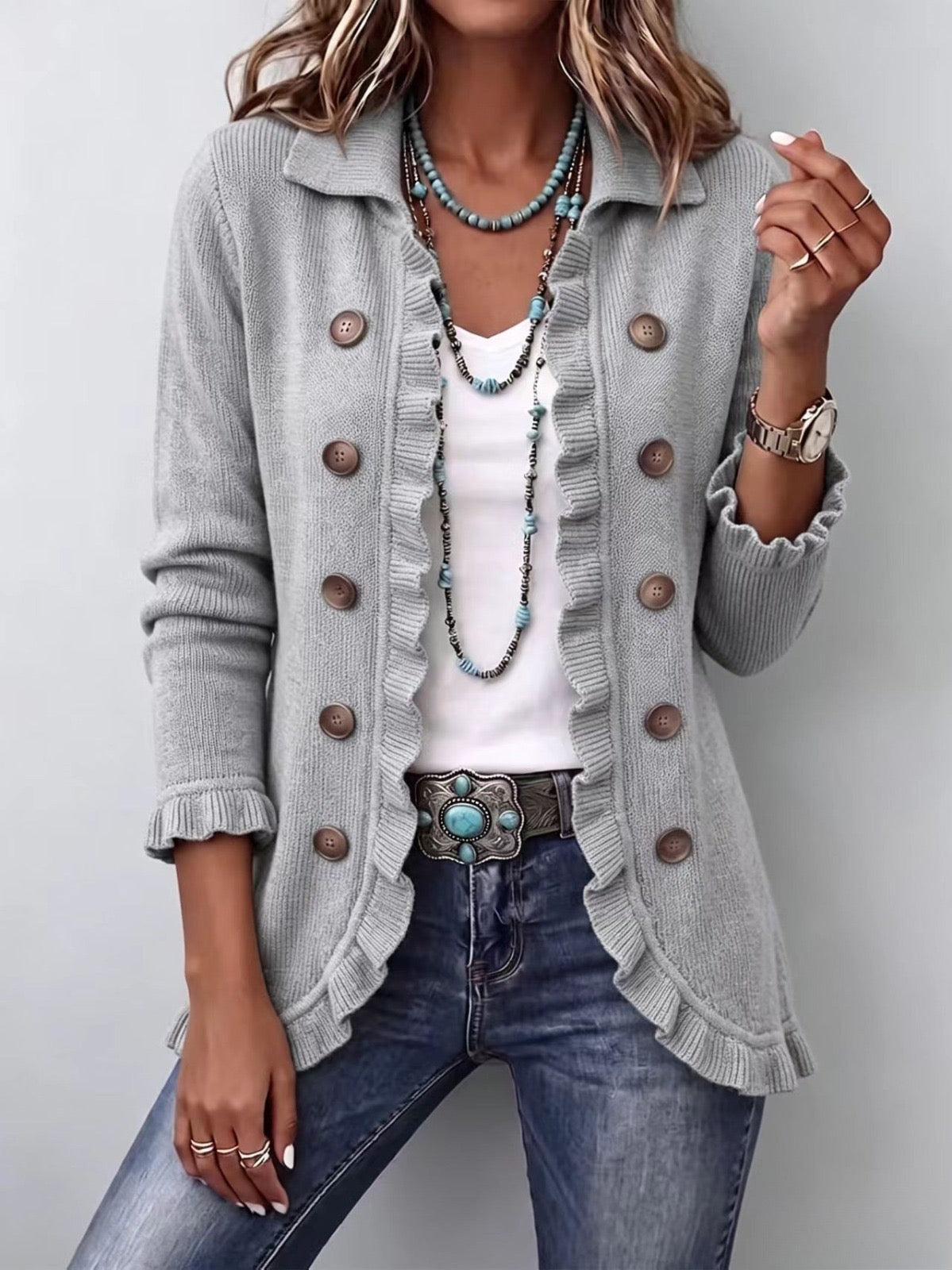 Angéline | Veste en Maille Gris Chiné à Volants