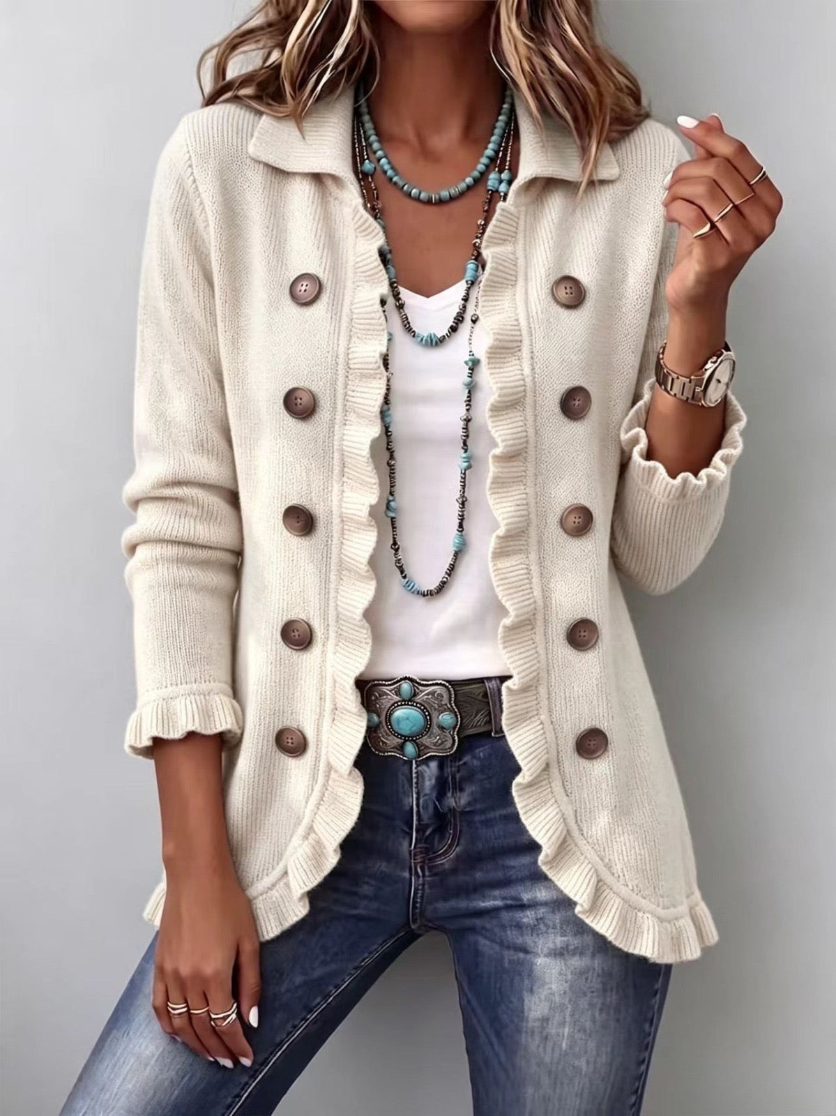 Antoinette | Veste en Maille Ivoire à Volants