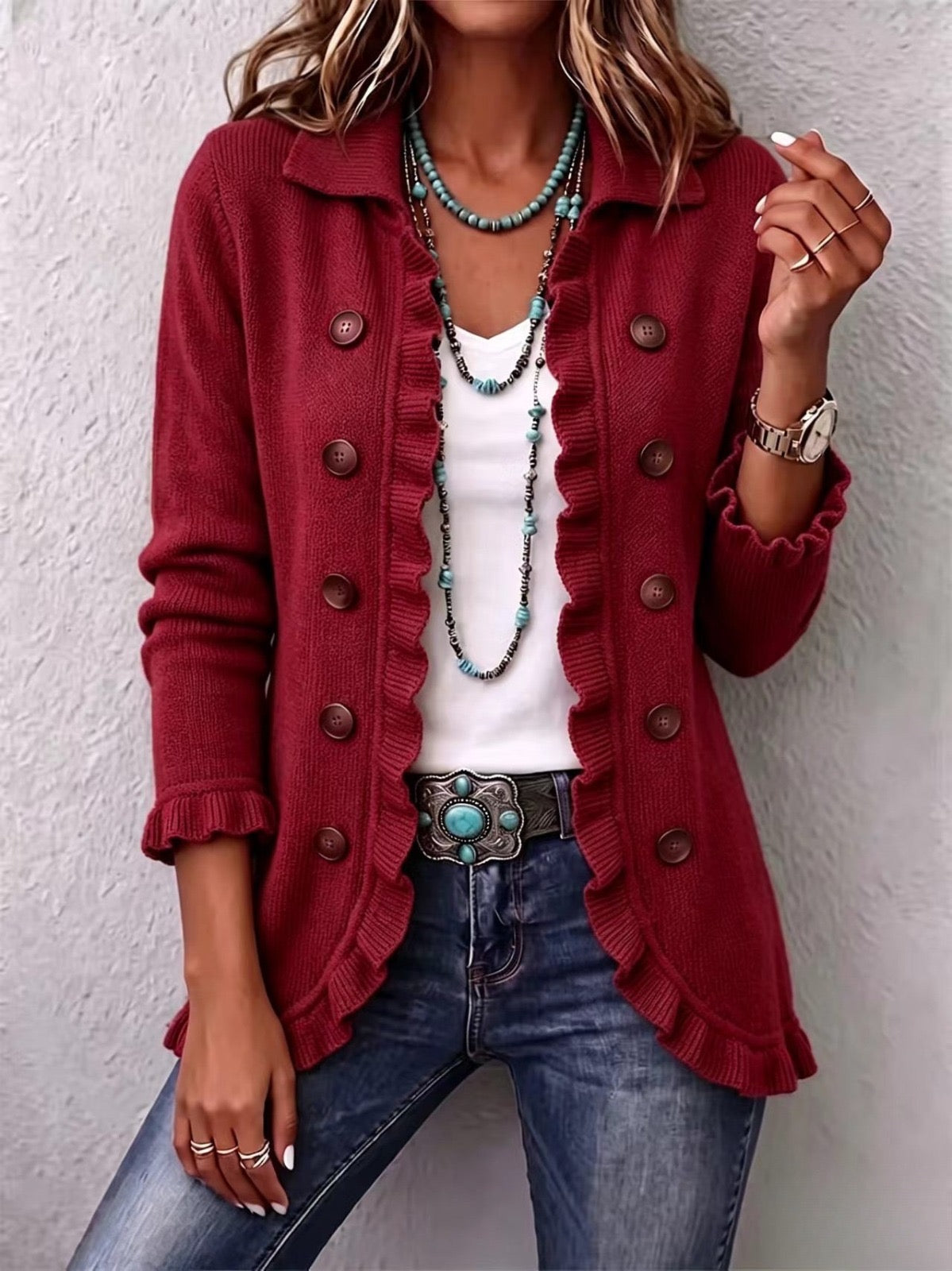 Annette | Veste en Maille Rouge Rubis à Volants