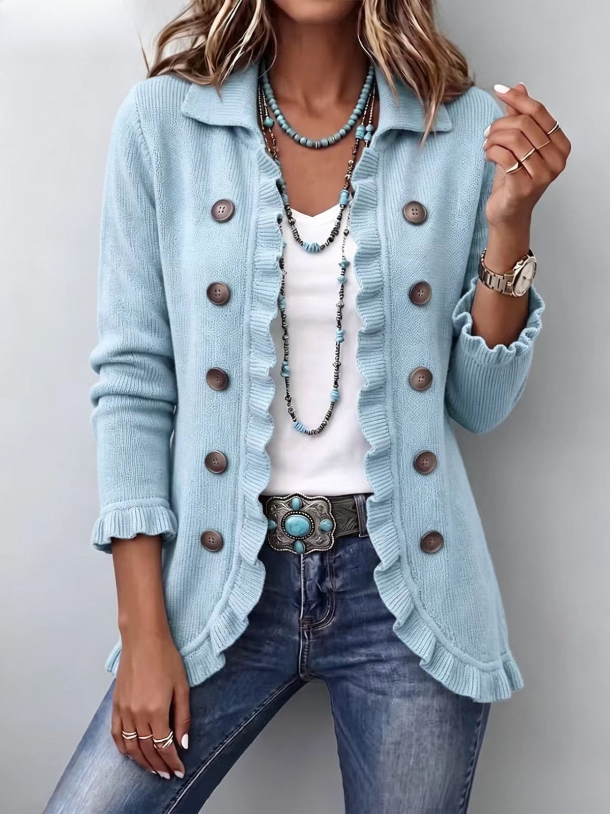 Colette | Veste en Maille Bleu Poudré à Volants