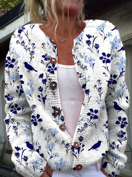 Océane | Cardigan Boutonné Imprimé Fleurs et Oiseaux Vintage