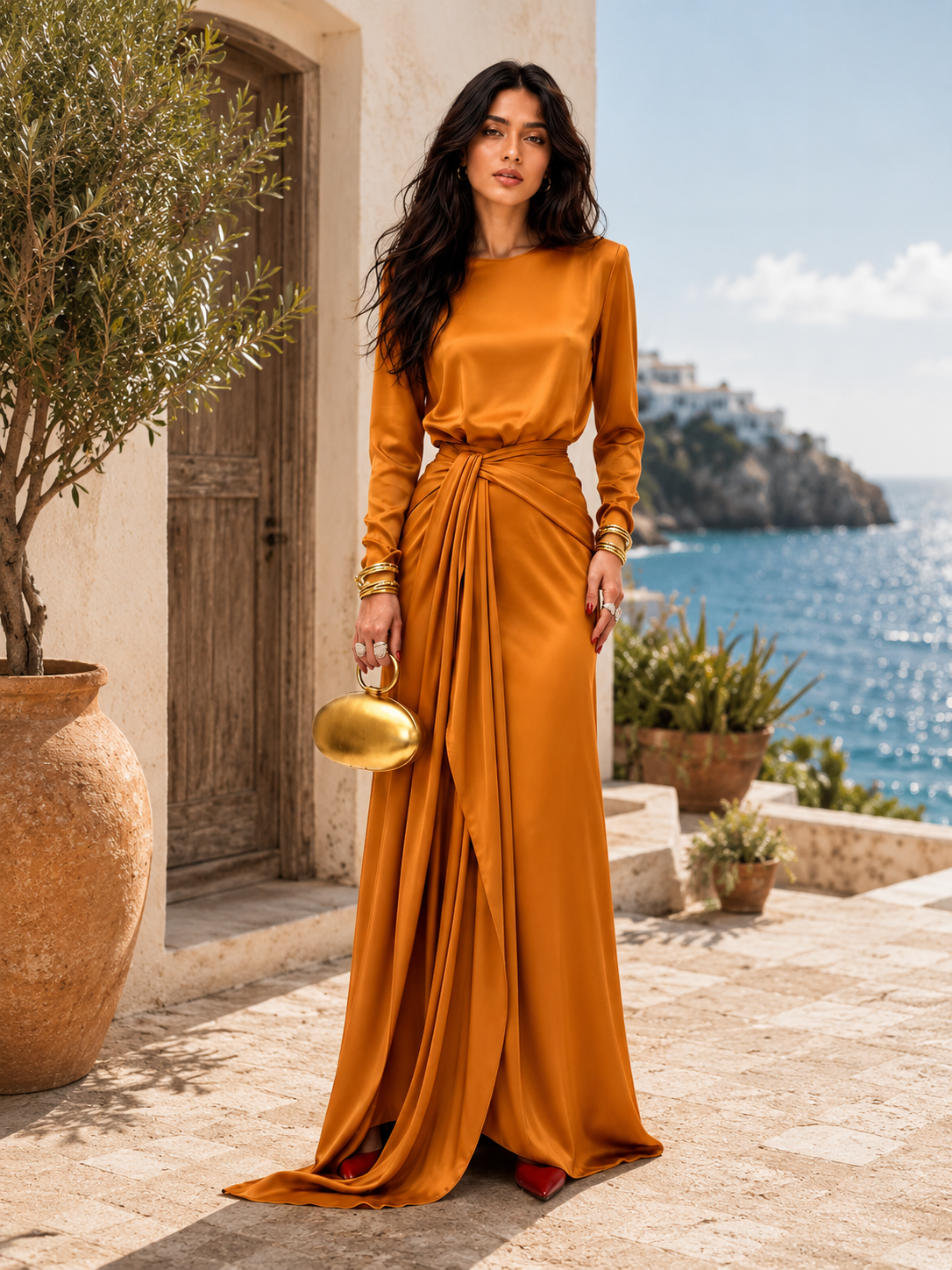 Delphine | Élégante Robe Maxi en Satin Drapé