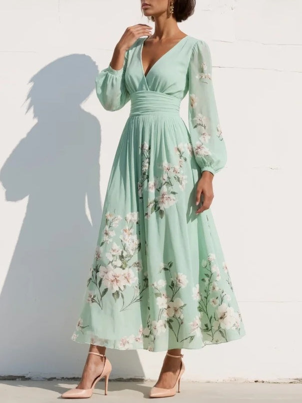 Celia | Light Green Floral Midi Dress