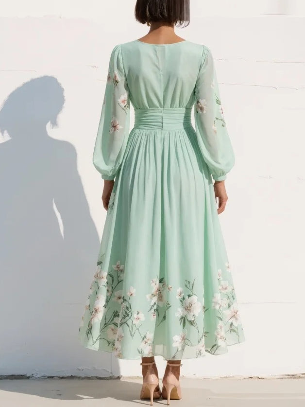 Celia | Light Green Floral Midi Dress