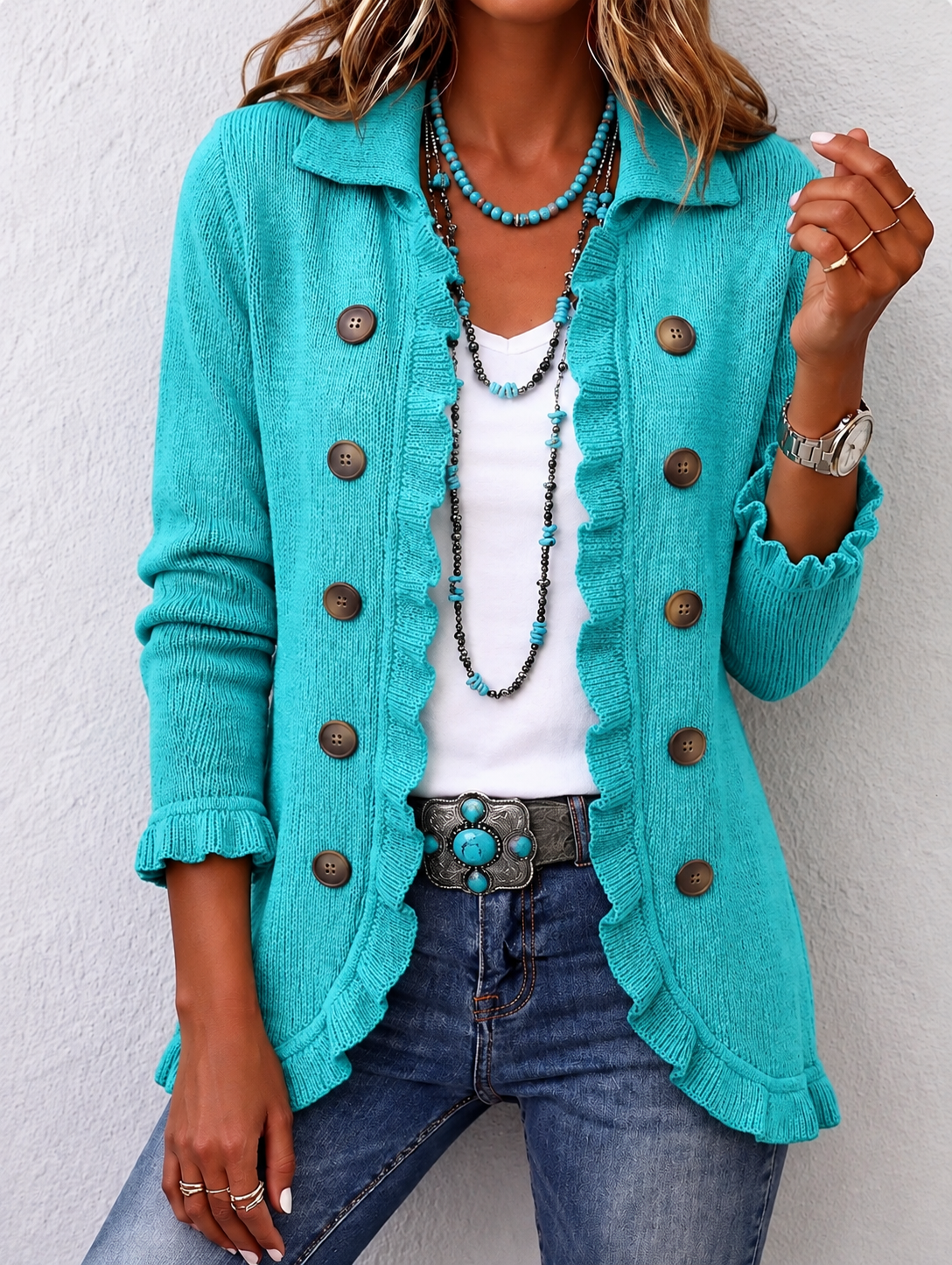 Roselyne | Veste en Maille Turquoise à Volants