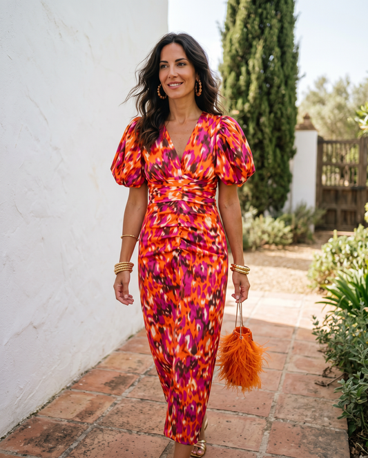 Marielle | Robe Midi Florale à Manches Bouffantes