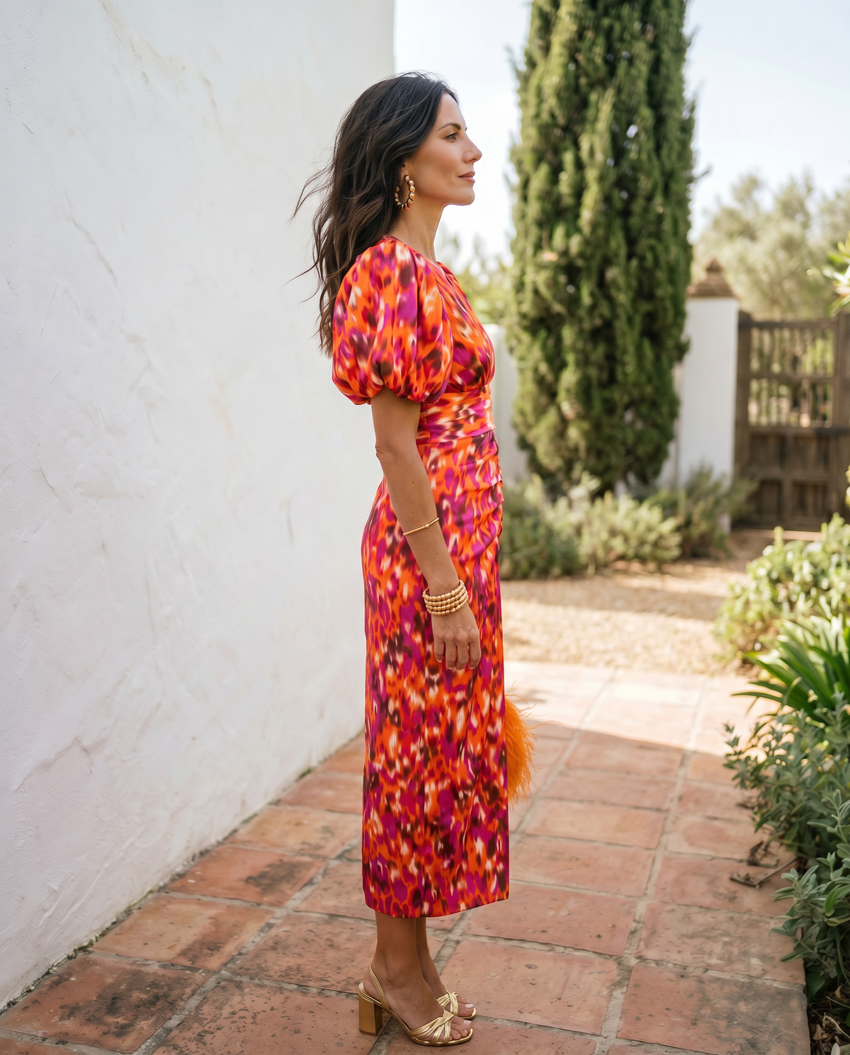 Marielle | Robe Midi Florale à Manches Bouffantes