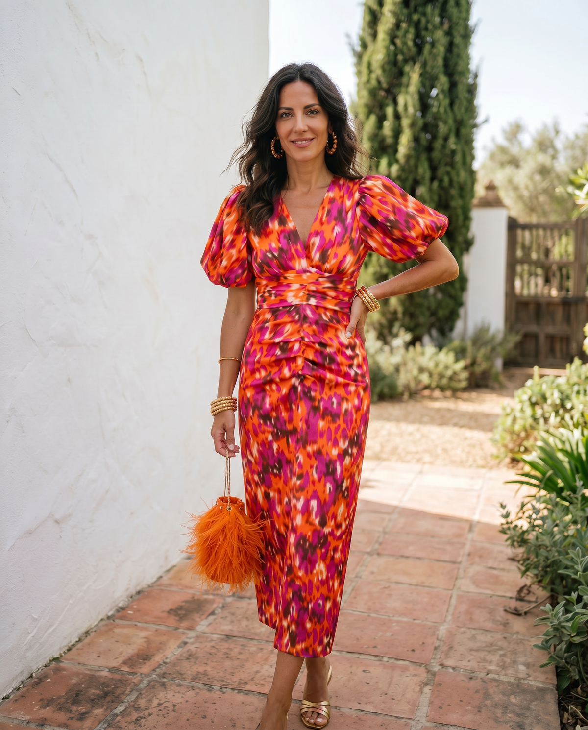 Marielle | Robe Midi Florale à Manches Bouffantes