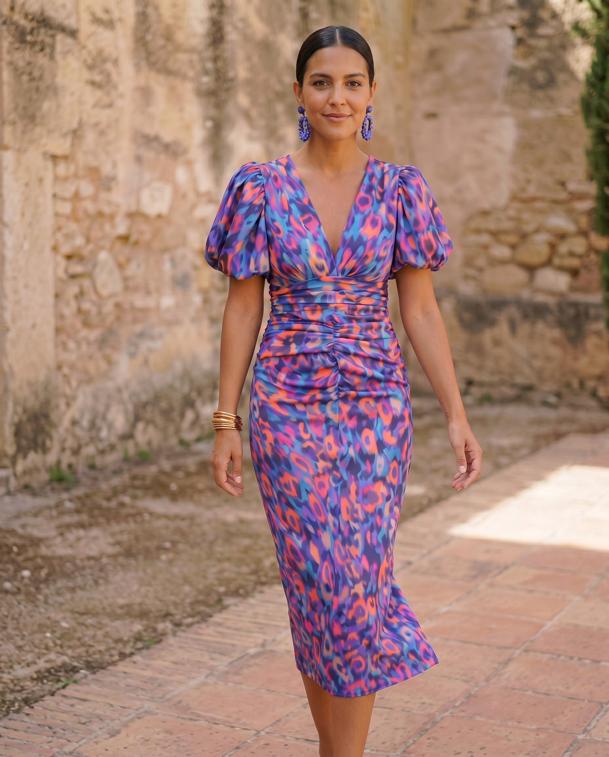 Marielle | Robe Midi Florale à Manches Bouffantes