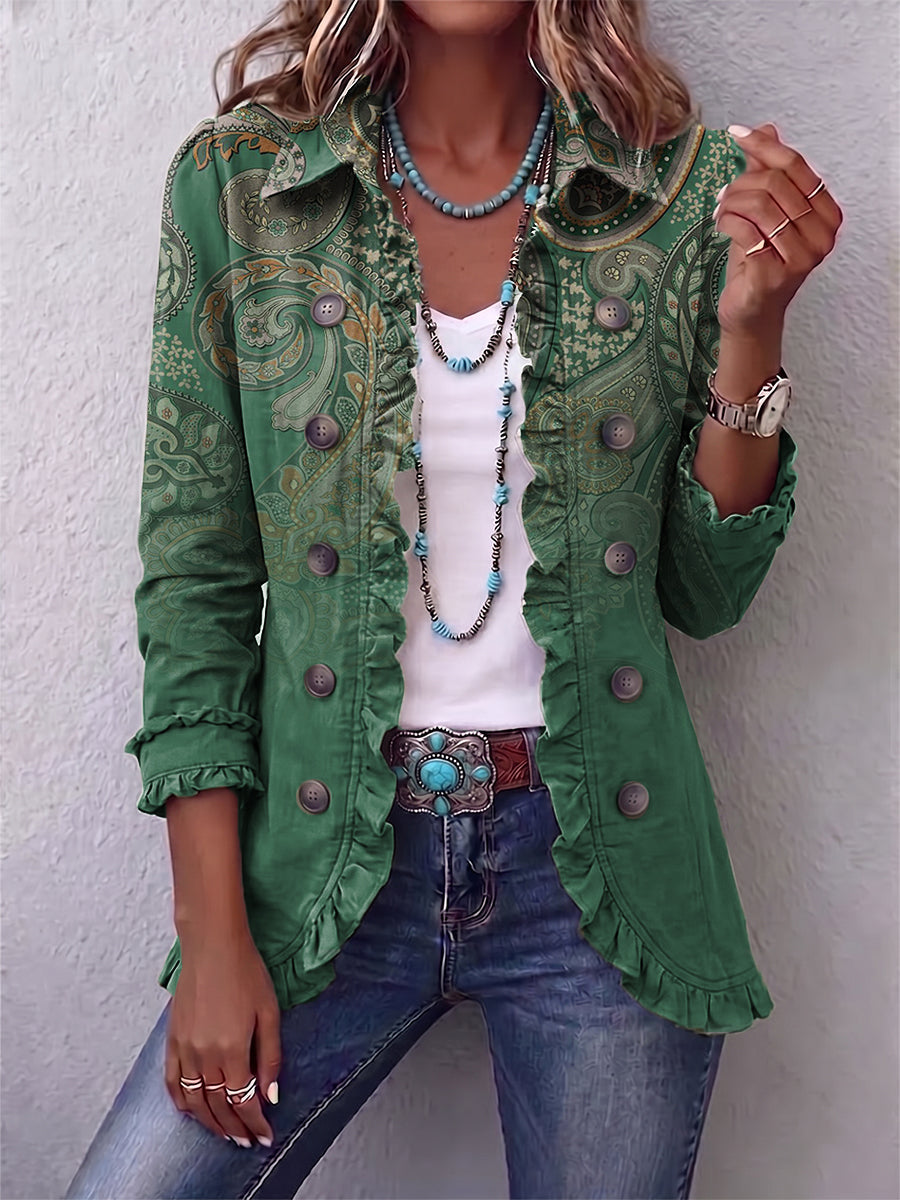 Delphine | Veste Imprimé Cachemire Vert à Volants