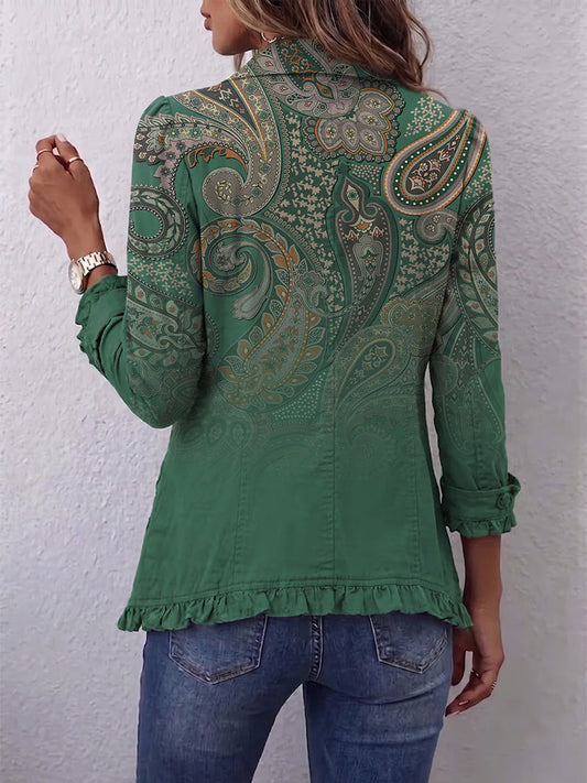 Delphine | Veste Imprimé Cachemire Vert à Volants