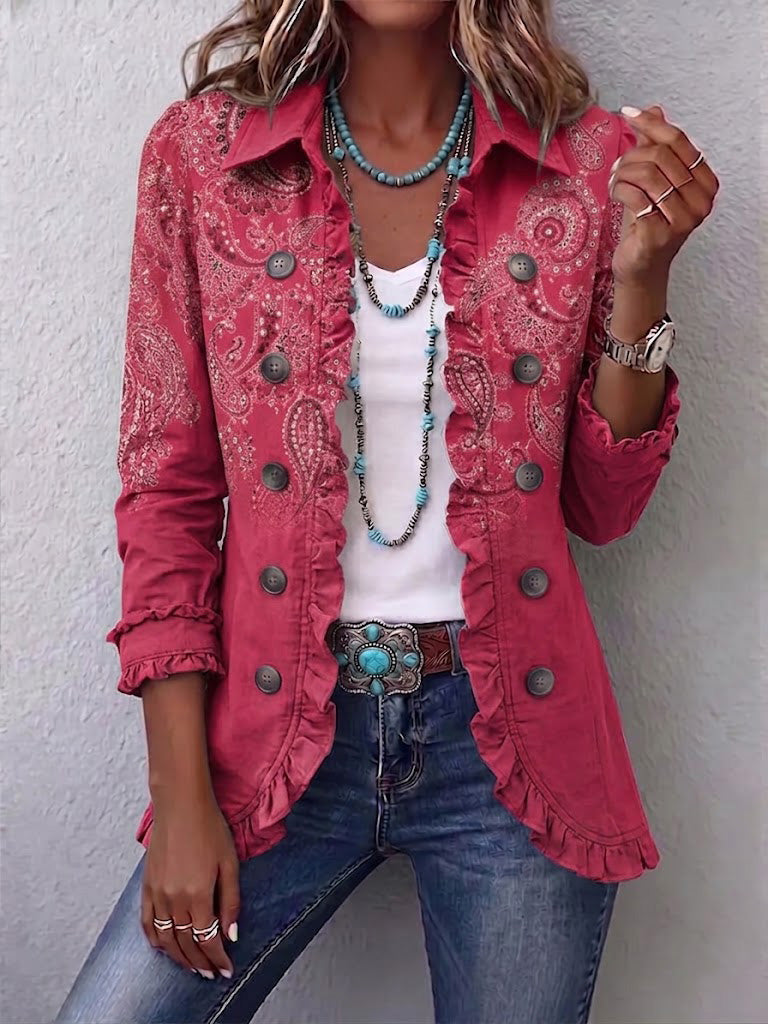 Agnès | Veste Imprimé Cachemire Rose à Volants