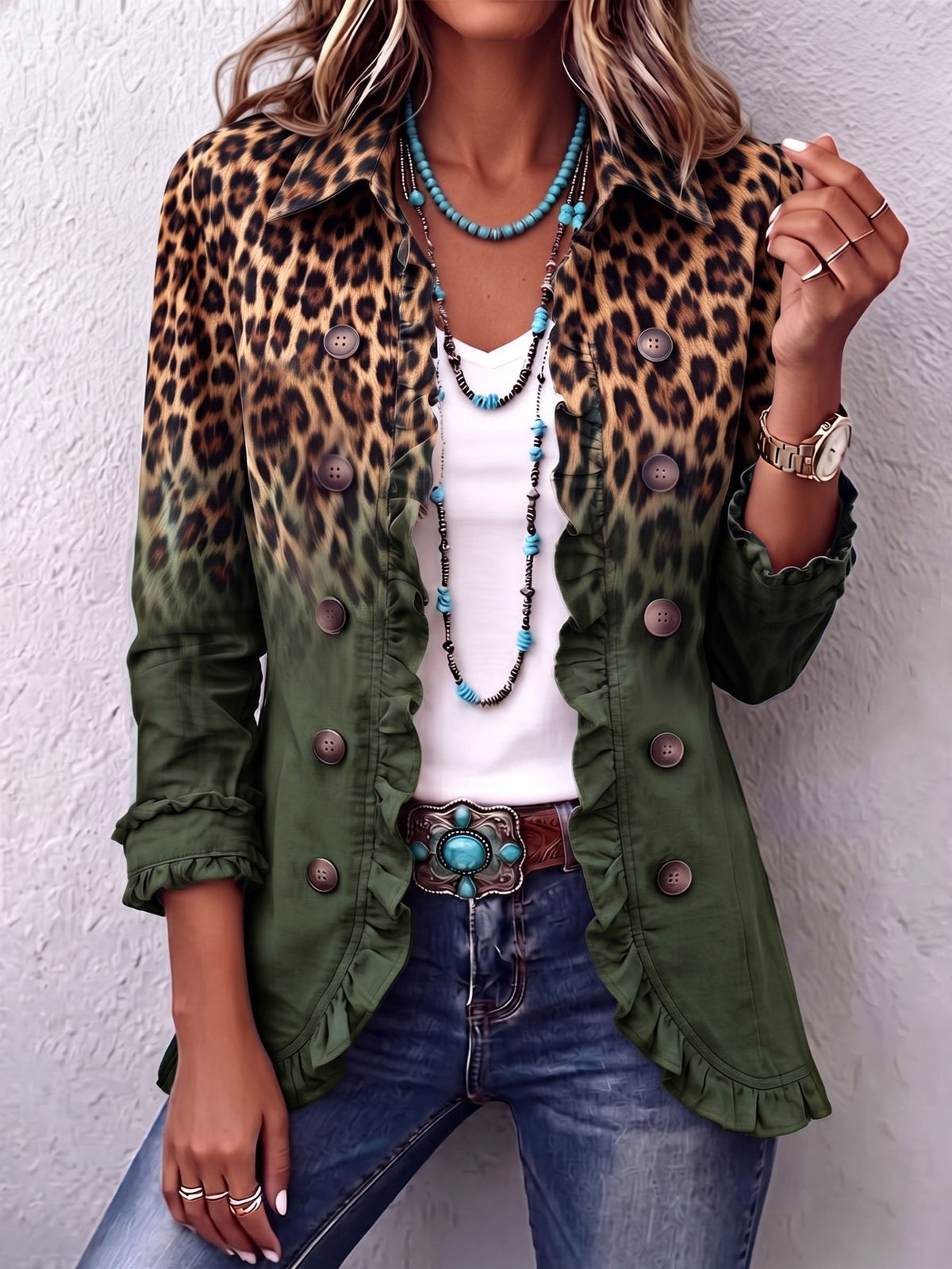 Ninon | Blazer Léopard Vert à Volants